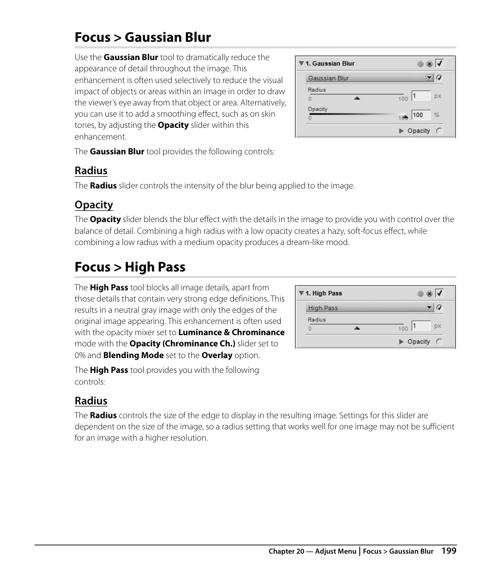 Focus > gaussian blur, Radius, Opacity | Focus > high pass | Nikon CAPTURE NX2 User Manual | Page 201 / 268