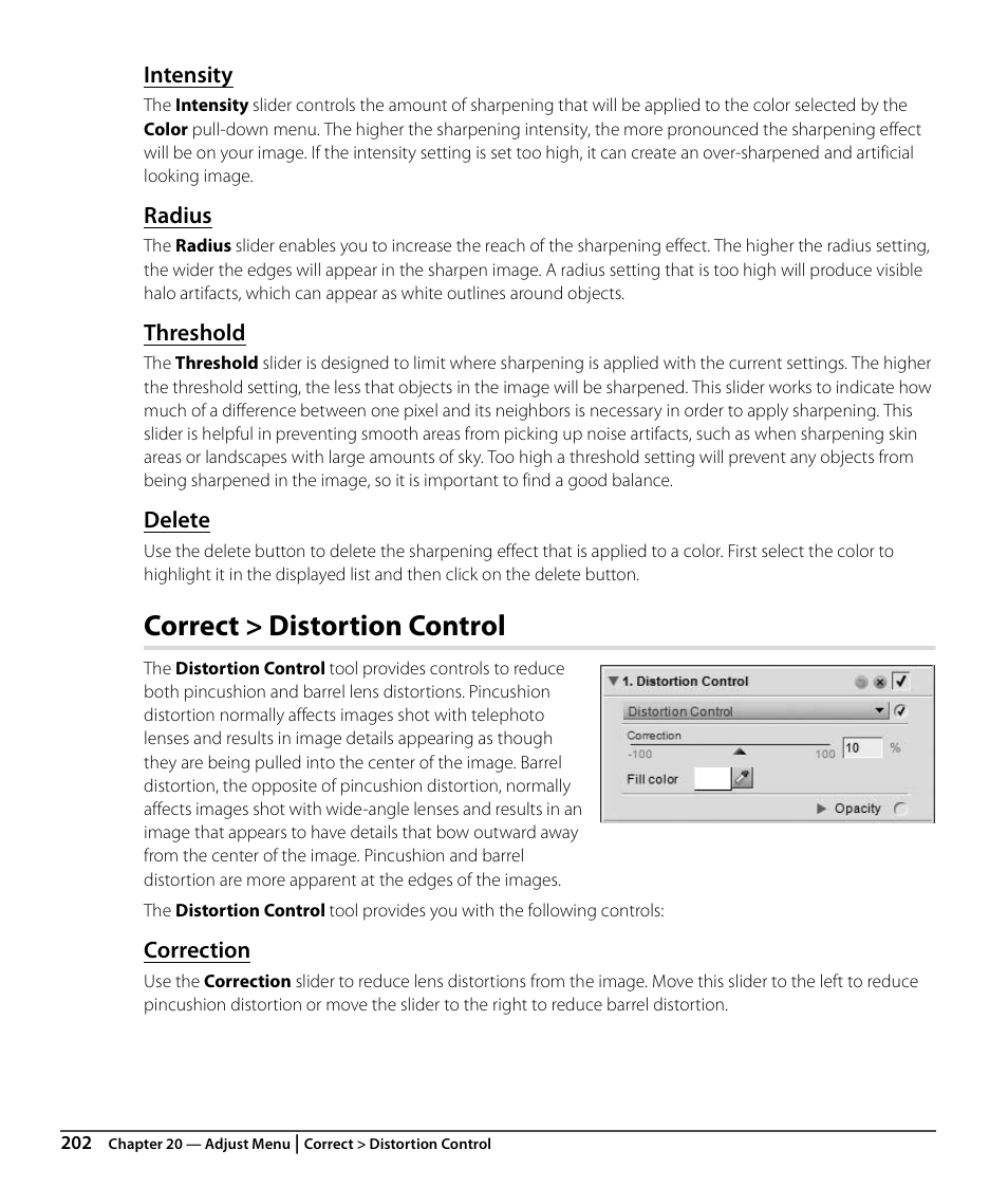 Intensity, Radius, Threshold | Delete, Correct > distortion control, Correction | Nikon CAPTURE NX2 User Manual | Page 204 / 268