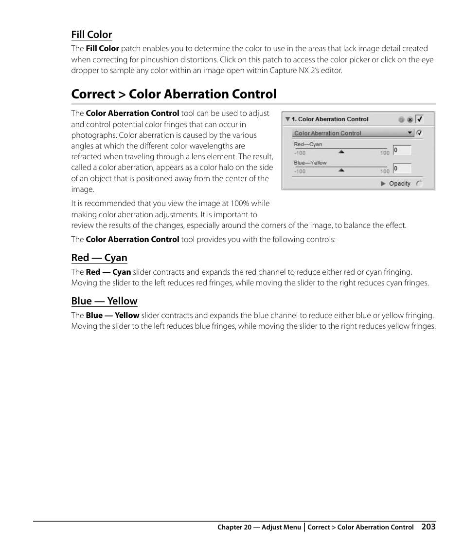 Fill color, Correct > color aberration control, Red — cyan | Blue — yellow | Nikon CAPTURE NX2 User Manual | Page 205 / 268