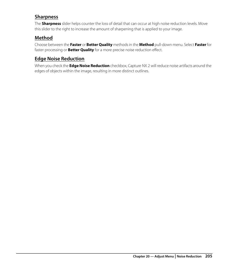 Sharpness, Method, Edge noise reduction | Nikon CAPTURE NX2 User Manual | Page 207 / 268