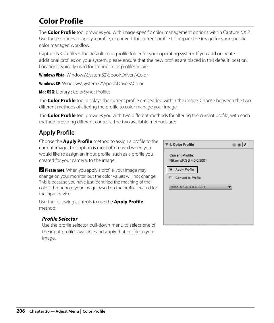 Color profile, Apply profile | Nikon CAPTURE NX2 User Manual | Page 208 / 268