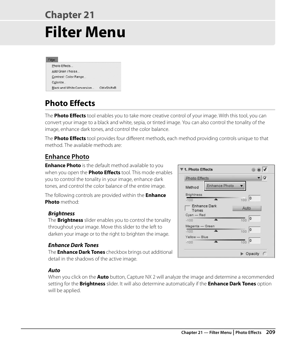 Filter menu, Photo effects, Enhance photo | Chapter 21 | Nikon CAPTURE NX2 User Manual | Page 211 / 268