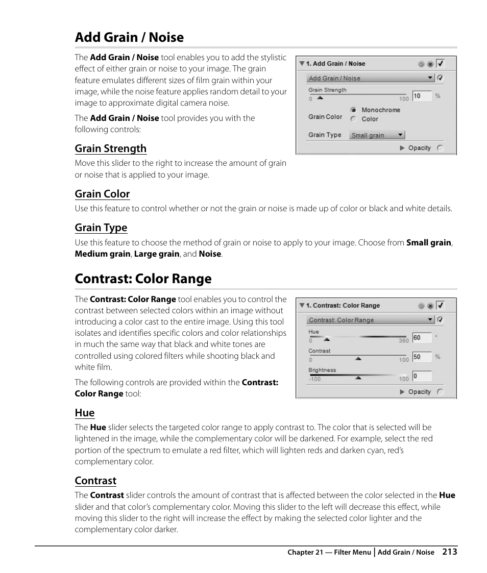 Add grain / noise, Grain strength, Grain color | Grain type, Contrast: color range, Contrast | Nikon CAPTURE NX2 User Manual | Page 215 / 268