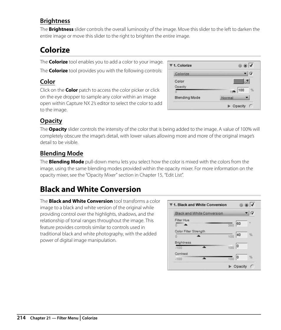 Brightness, Colorize, Color | Opacity, Blending mode, Black and white conversion | Nikon CAPTURE NX2 User Manual | Page 216 / 268