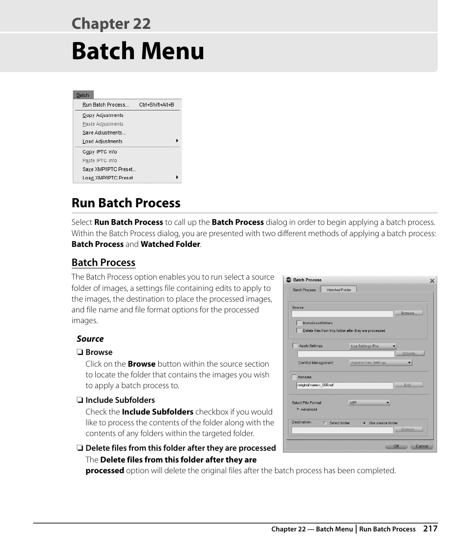 Batch menu, Run batch process, Batch process | Chapter 22 | Nikon CAPTURE NX2 User Manual | Page 219 / 268