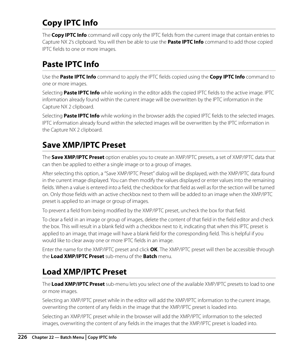 Copy iptc info, Paste iptc info, Save xmp/iptc preset | Load xmp/iptc preset | Nikon CAPTURE NX2 User Manual | Page 228 / 268