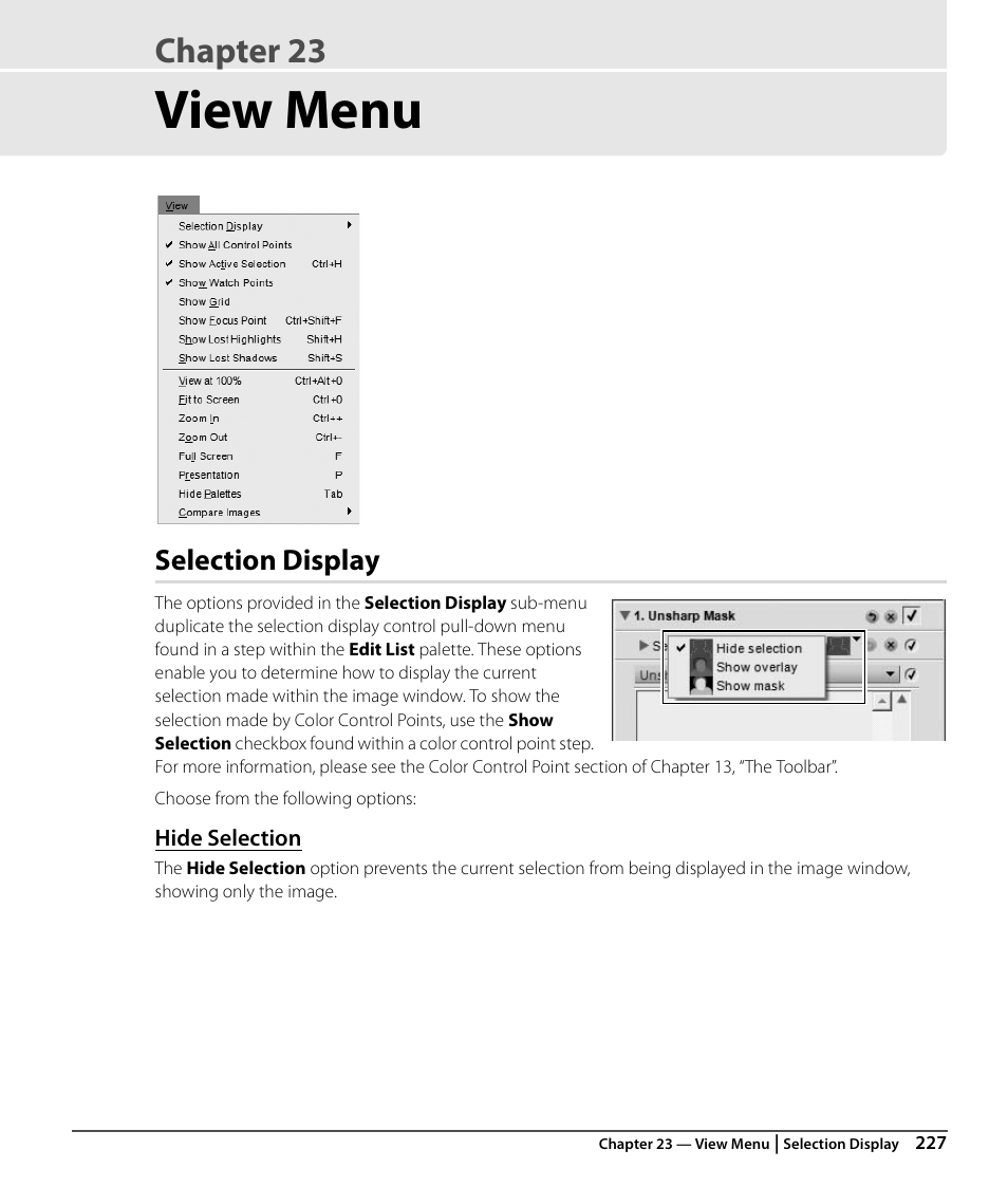 View menu, Selection display, Hide selection | Chapter 23 | Nikon CAPTURE NX2 User Manual | Page 229 / 268