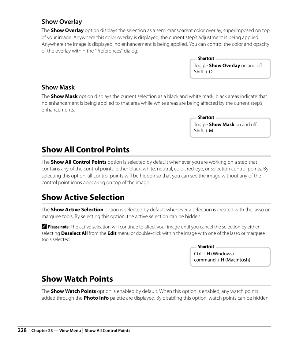 Show overlay, Show mask, Show all control points | Show active selection, Show watch points | Nikon CAPTURE NX2 User Manual | Page 230 / 268