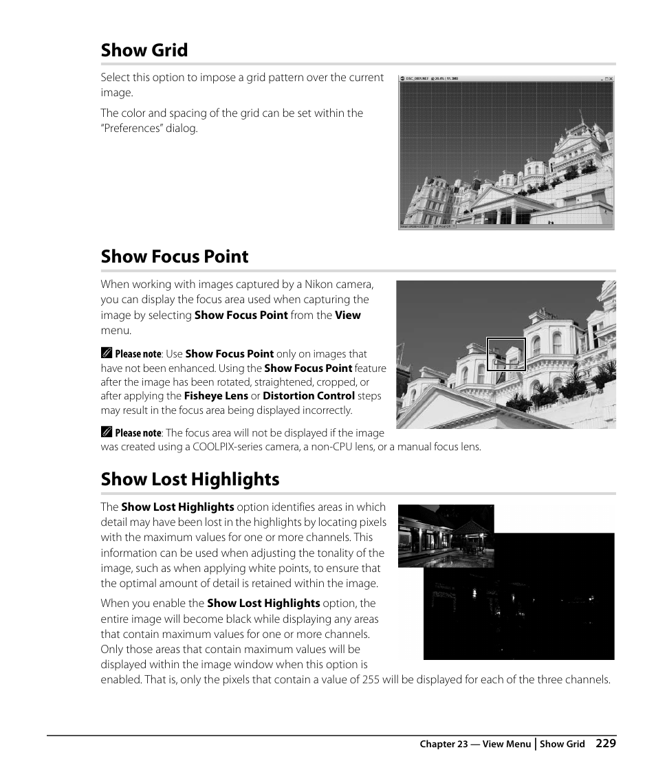 Show grid, Show focus point, Show lost highlights | Nikon CAPTURE NX2 User Manual | Page 231 / 268