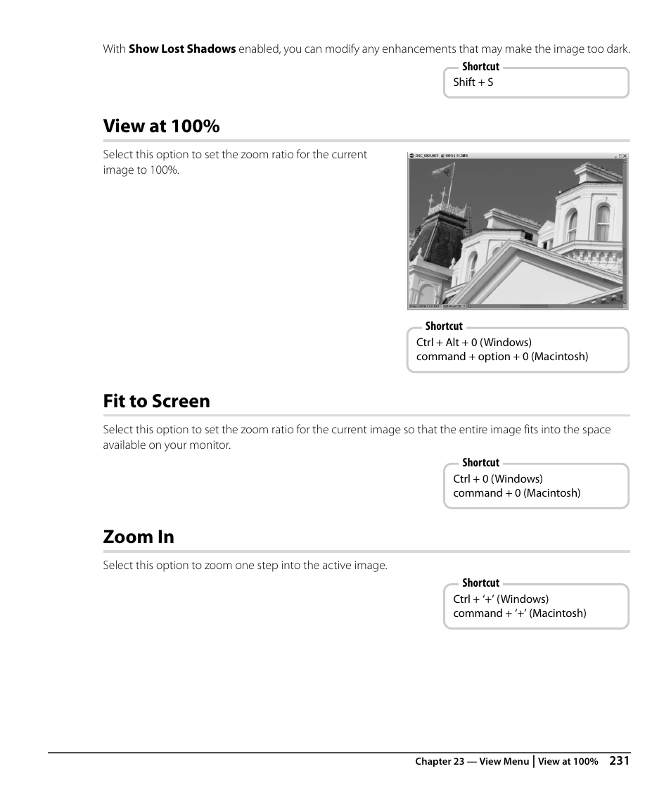 View at 100, Fit to screen, Zoom in | Nikon CAPTURE NX2 User Manual | Page 233 / 268