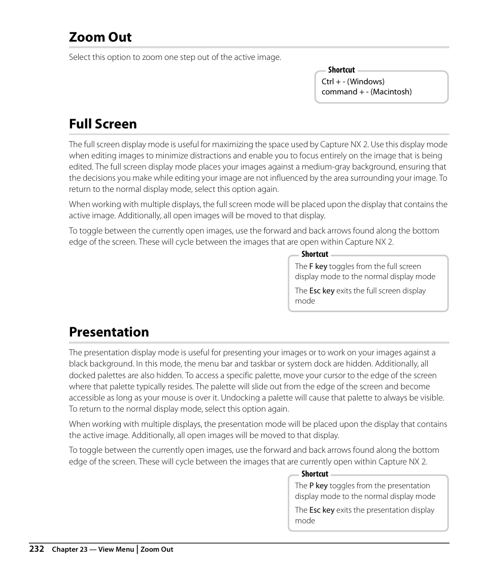 Zoom out, Full screen, Presentation | Nikon CAPTURE NX2 User Manual | Page 234 / 268