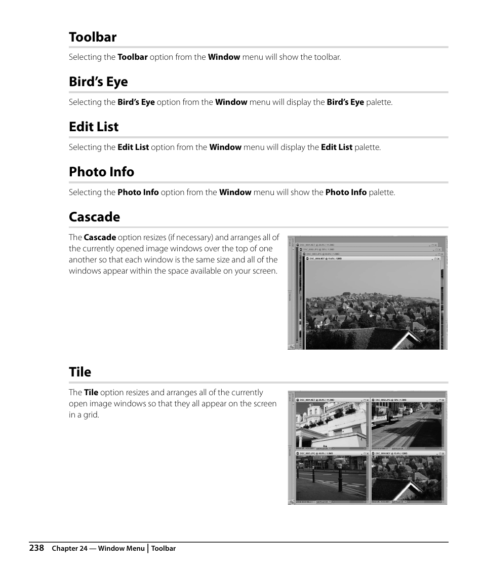 Toolbar, Bird’s eye, Edit list | Photo info, Cascade, Tile | Nikon CAPTURE NX2 User Manual | Page 240 / 268