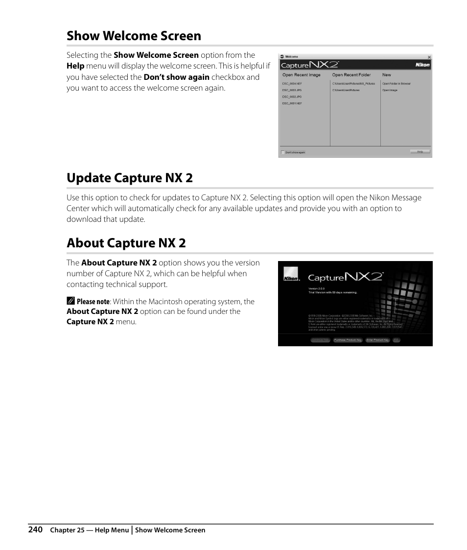 Show welcome screen, Update capture nx 2, About capture nx 2 | Nikon CAPTURE NX2 User Manual | Page 242 / 268
