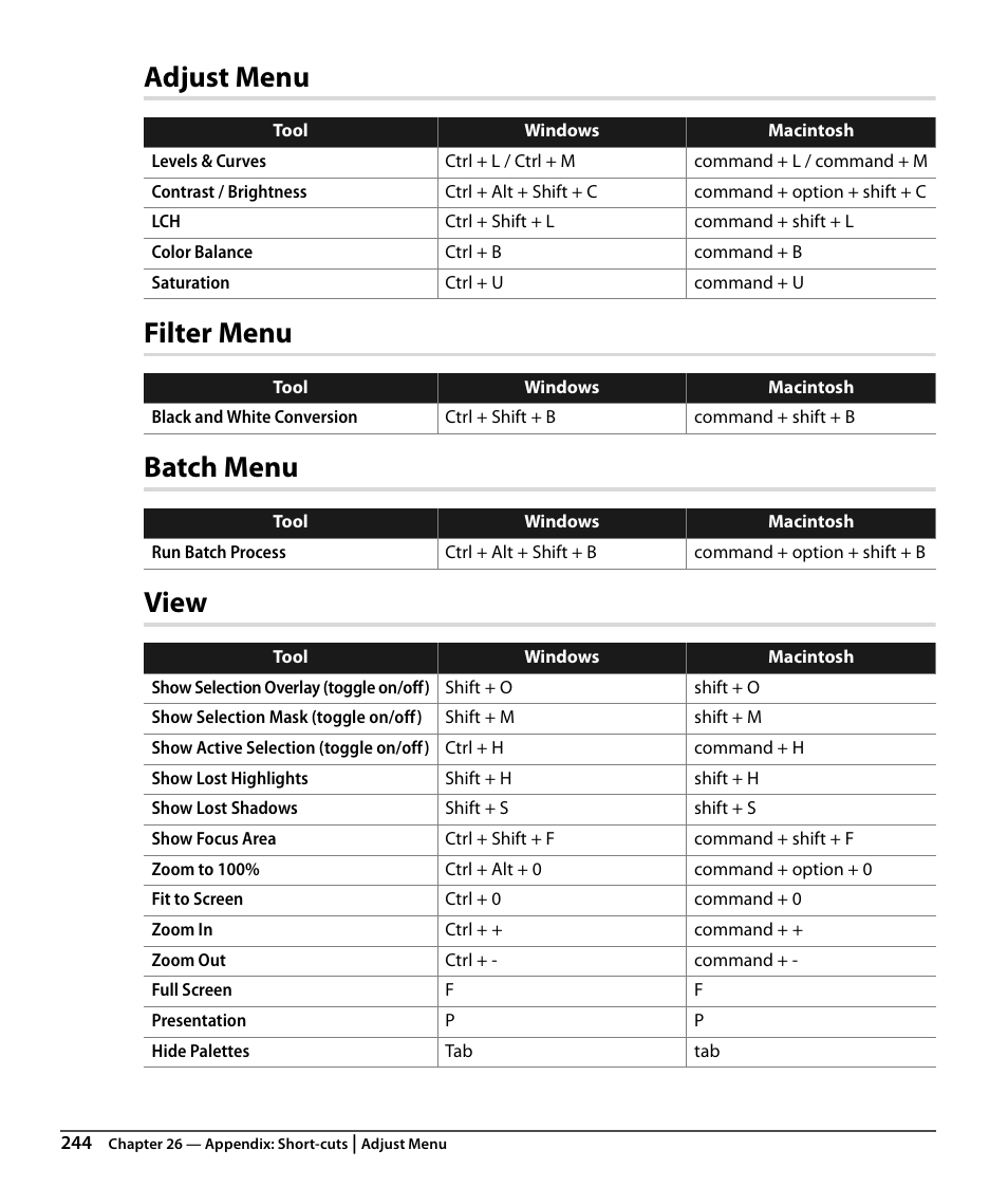 Adjust menu, Filter menu, Batch menu | View, Adjust menu filter menu batch menu view | Nikon CAPTURE NX2 User Manual | Page 246 / 268