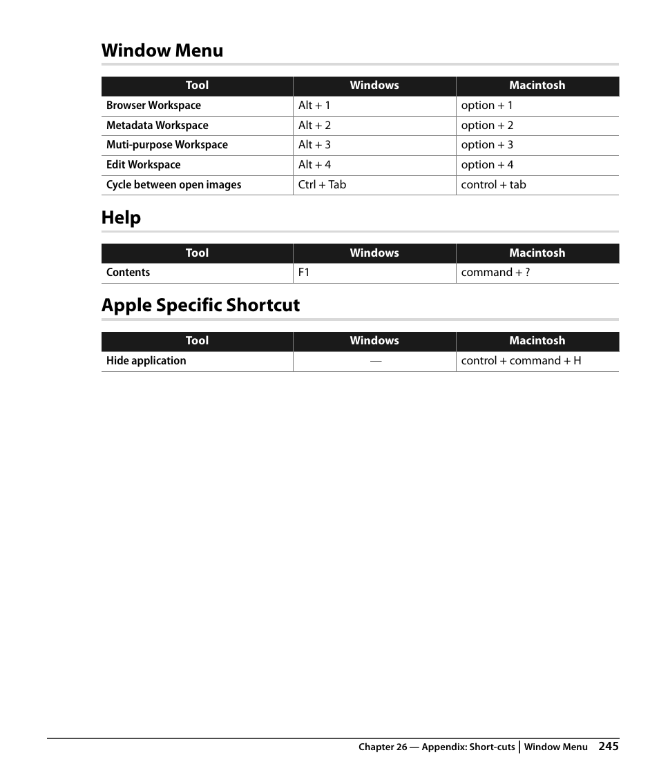 Window menu, Help, Apple specific shortcut | Window menu help apple specific shortcut | Nikon CAPTURE NX2 User Manual | Page 247 / 268