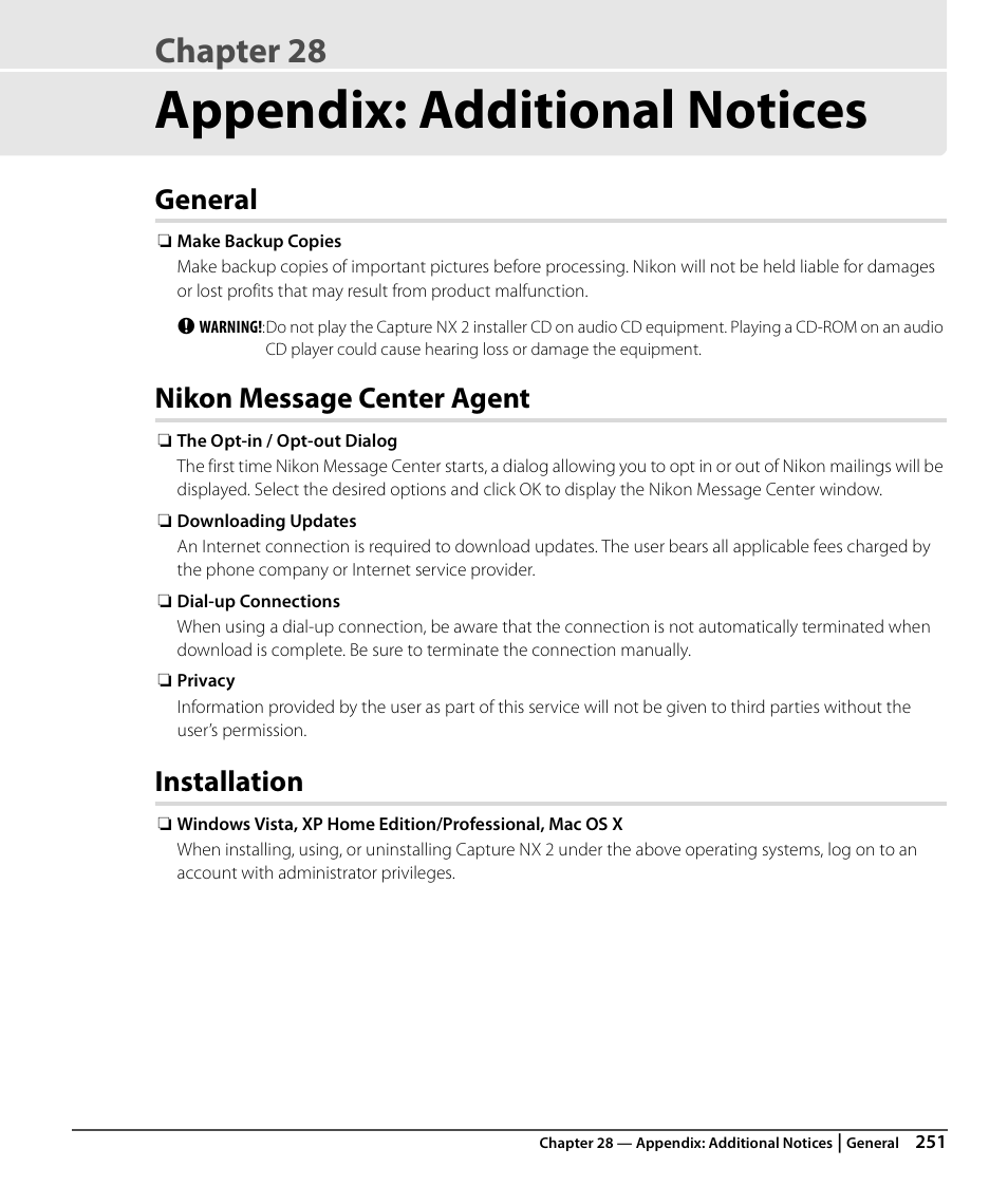 Appendix: additional notices, General, Nikon message center agent | Installation, Chapter 28 | Nikon CAPTURE NX2 User Manual | Page 253 / 268