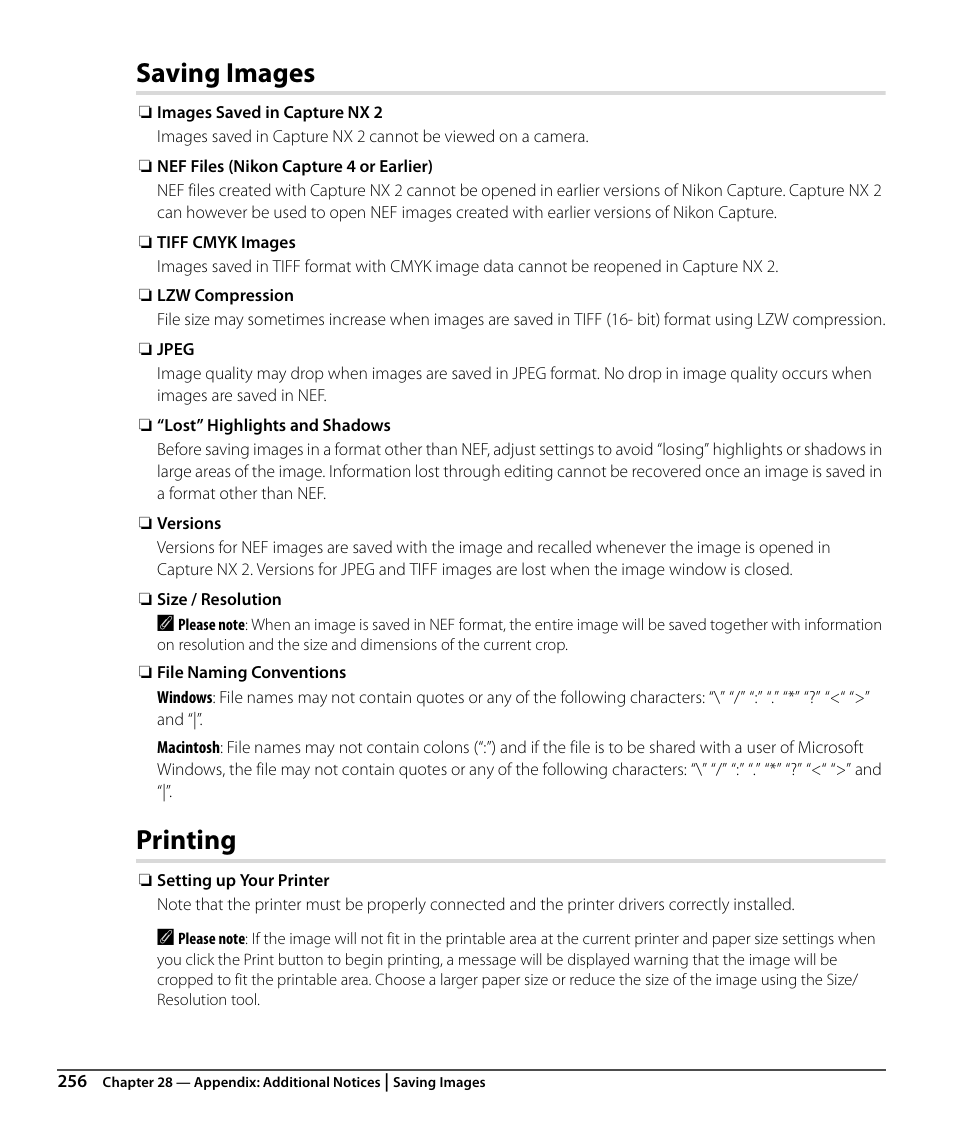 Saving images, Printing | Nikon CAPTURE NX2 User Manual | Page 258 / 268