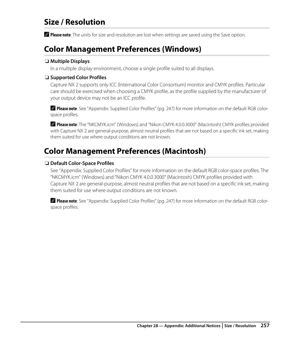 Size / resolution, Color management preferences (windows), Color management preferences (macintosh) | Nikon CAPTURE NX2 User Manual | Page 259 / 268