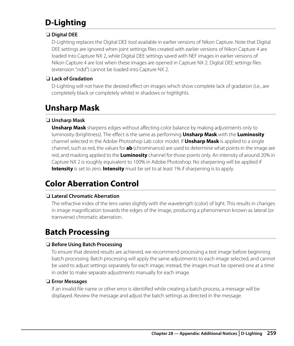 D-lighting, Unsharp mask, Color aberration control | Batch processing | Nikon CAPTURE NX2 User Manual | Page 261 / 268
