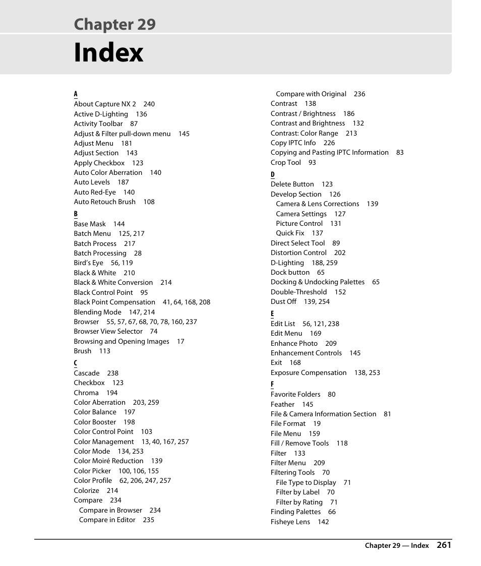 Index, Chapter 29 | Nikon CAPTURE NX2 User Manual | Page 263 / 268