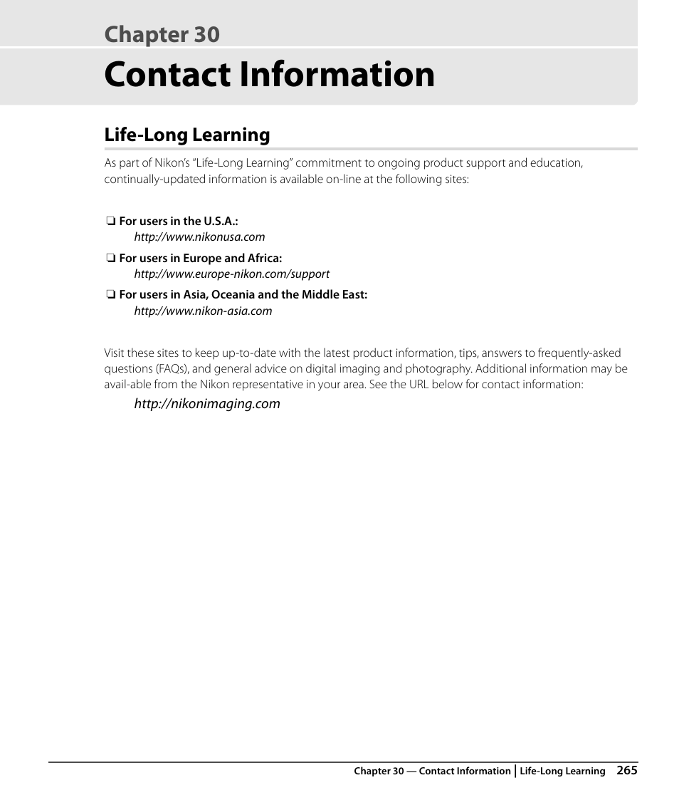 Contact information, Life-long learning, Chapter 30 | Nikon CAPTURE NX2 User Manual | Page 267 / 268