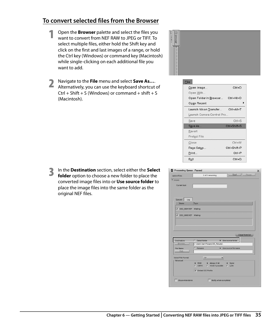 To convert selected files from the browser | Nikon CAPTURE NX2 User Manual | Page 37 / 268