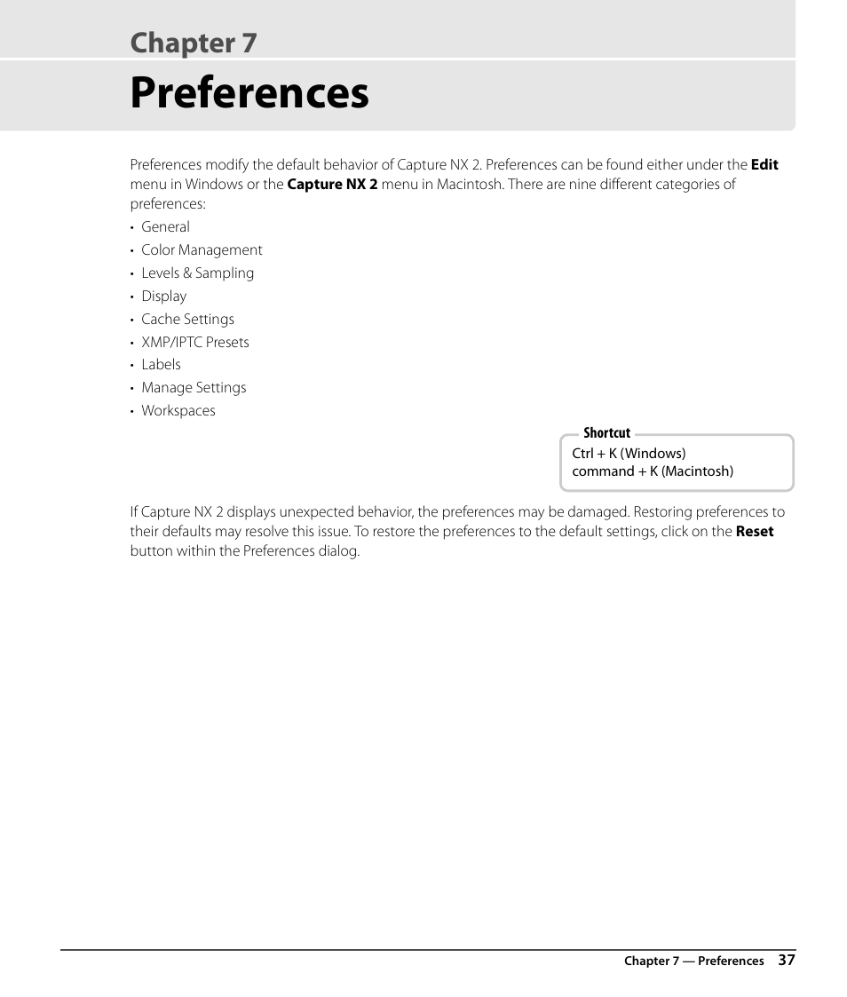 Preferences, Chapter 7 | Nikon CAPTURE NX2 User Manual | Page 39 / 268