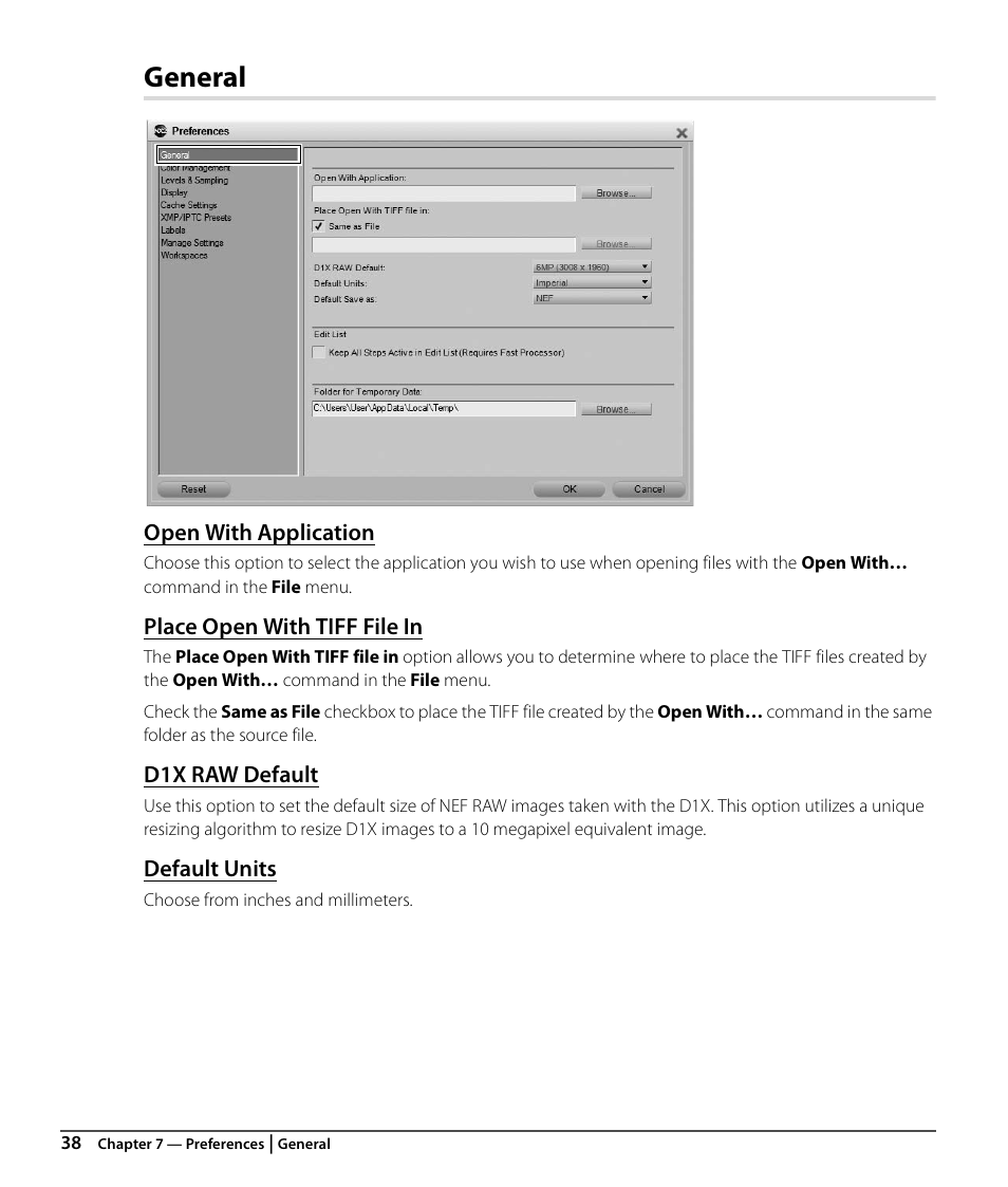 General, Open with application, Place open with tiff file in | D1x raw default, Default units | Nikon CAPTURE NX2 User Manual | Page 40 / 268