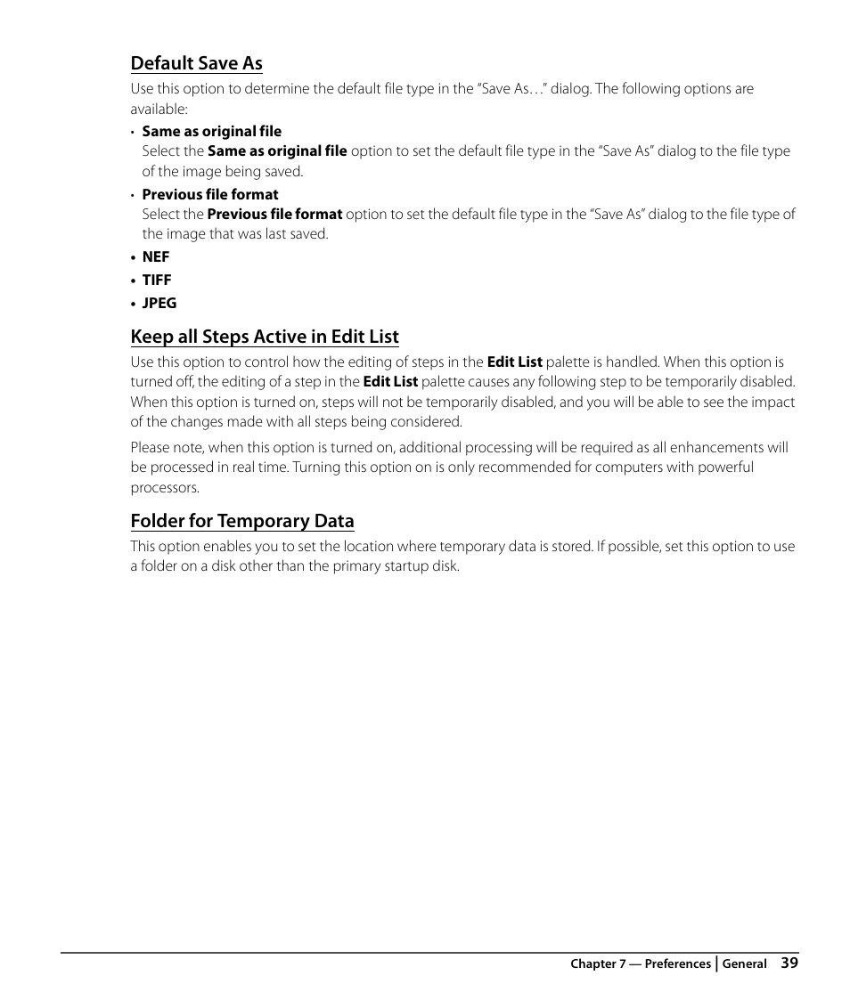 Default save as, Keep all steps active in edit list, Folder for temporary data | Nikon CAPTURE NX2 User Manual | Page 41 / 268