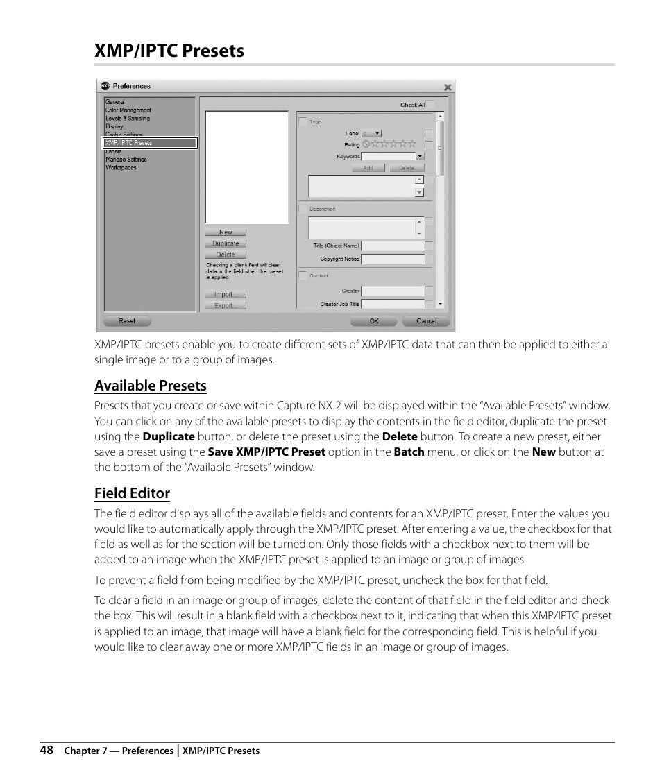 Xmp/iptc presets, Available presets, Field editor | Nikon CAPTURE NX2 User Manual | Page 50 / 268