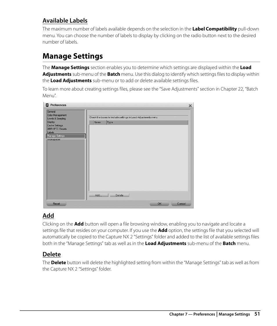 Available labels, Manage settings, Delete | Nikon CAPTURE NX2 User Manual | Page 53 / 268