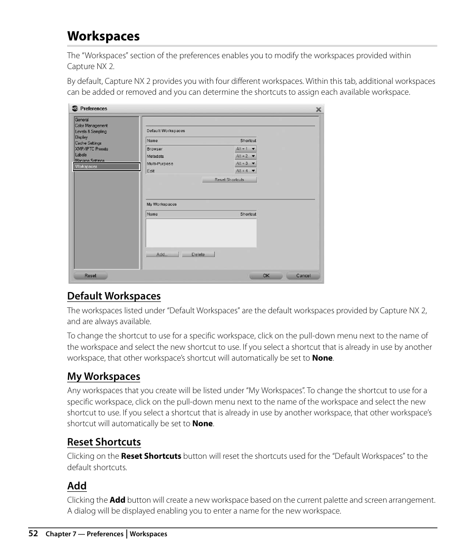 Workspaces, Default workspaces, My workspaces | Reset shortcuts | Nikon CAPTURE NX2 User Manual | Page 54 / 268