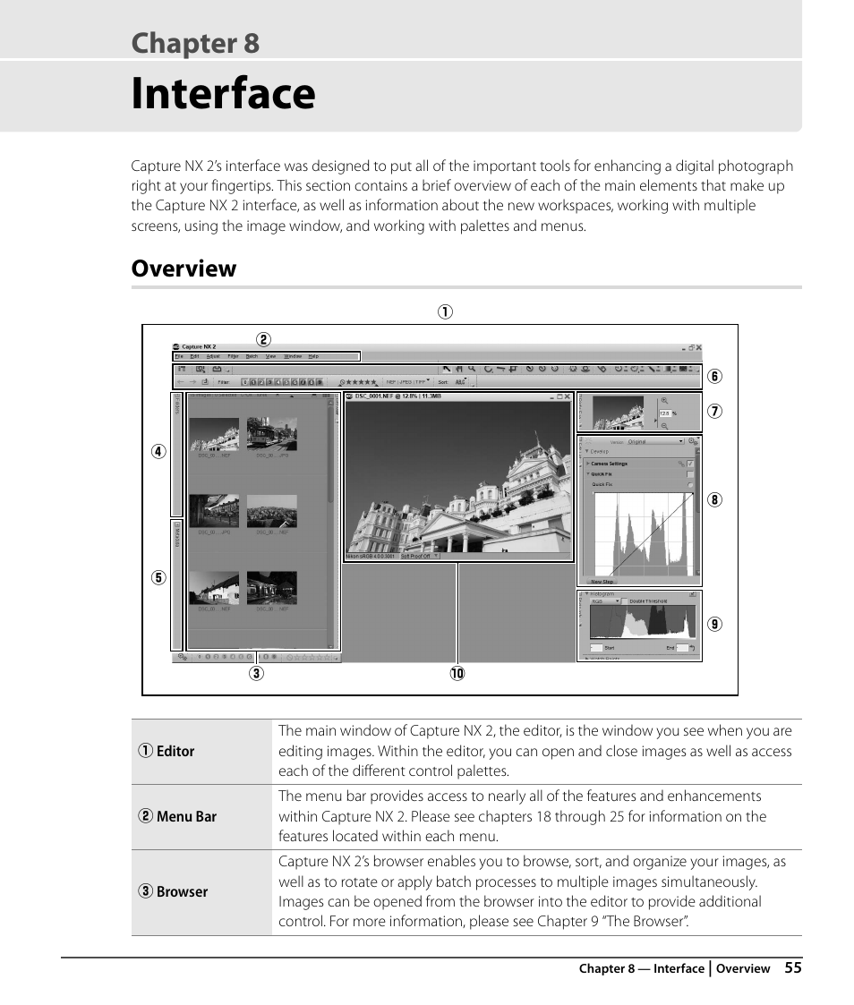 Interface, Overview, Editor | Menu bar, Browser, Chapter 8 | Nikon CAPTURE NX2 User Manual | Page 57 / 268