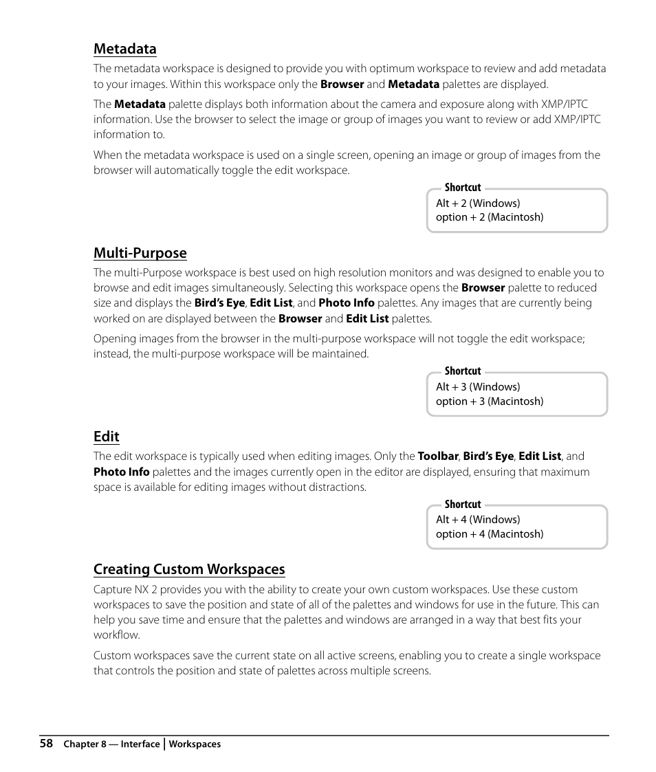 Metadata, Multi-purpose, Edit | Creating custom workspaces | Nikon CAPTURE NX2 User Manual | Page 60 / 268