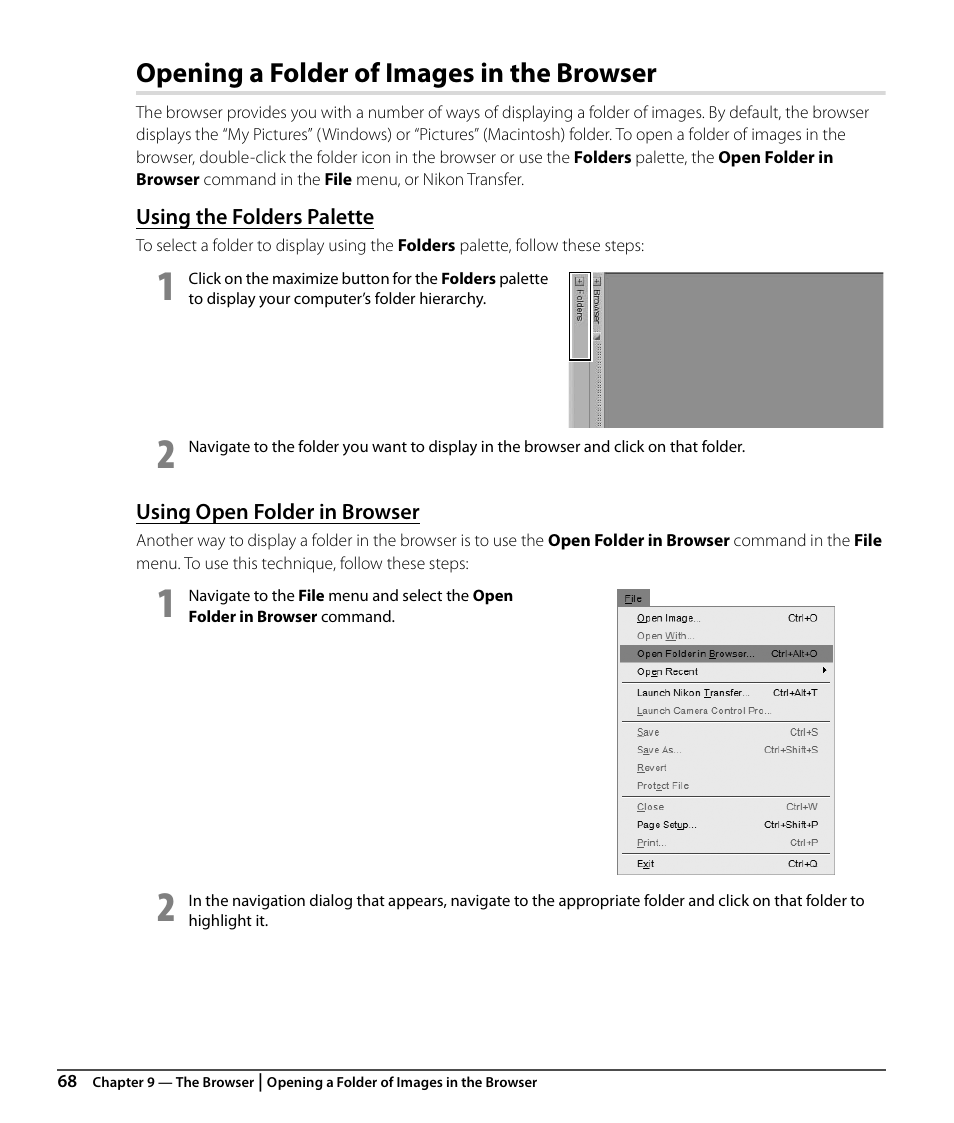 Opening a folder of images in the browser, Using the folders palette, Using open folder in browser | Nikon CAPTURE NX2 User Manual | Page 70 / 268