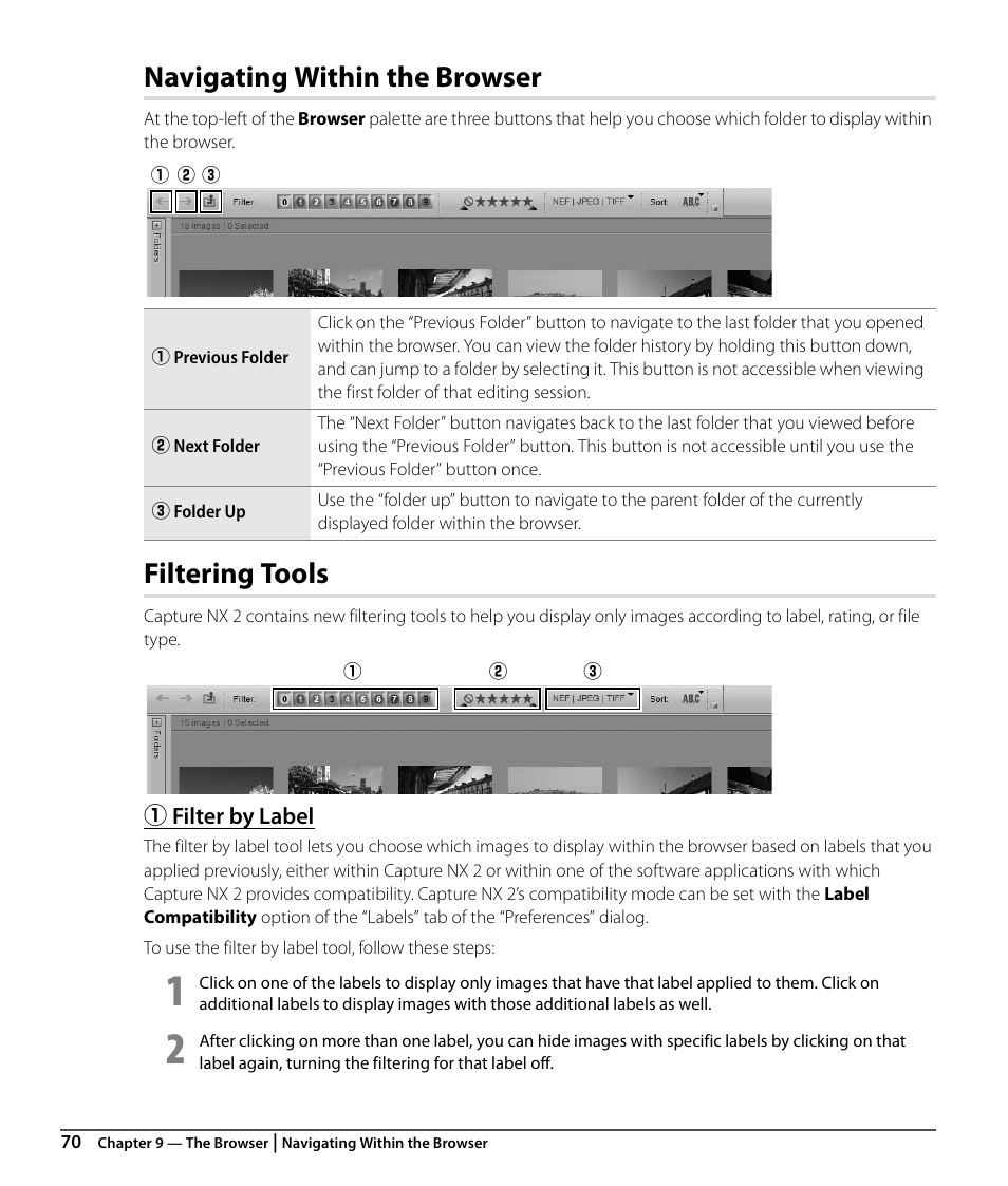 Navigating within the browser, Filtering tools, Filter by label | Nikon CAPTURE NX2 User Manual | Page 72 / 268