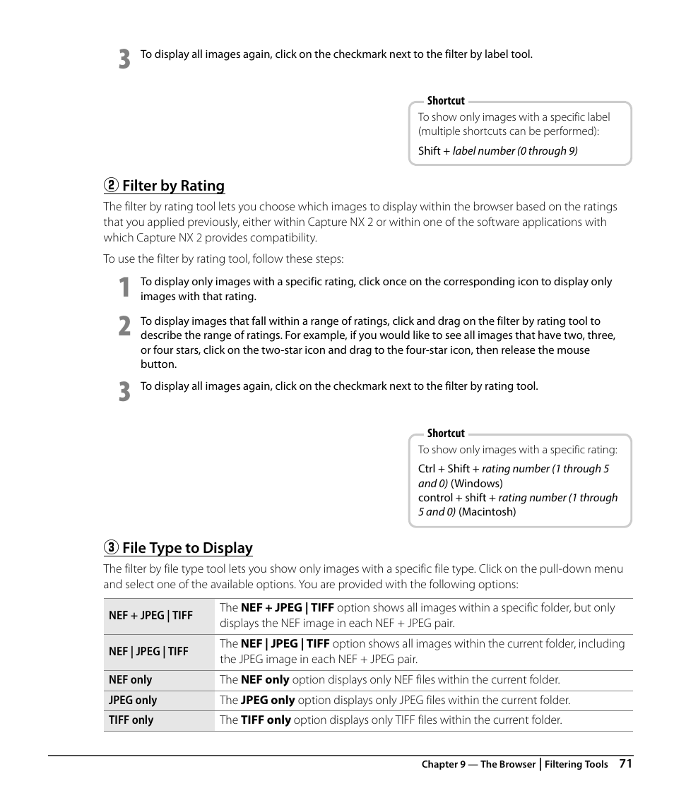 Filter by rating, File type to display | Nikon CAPTURE NX2 User Manual | Page 73 / 268