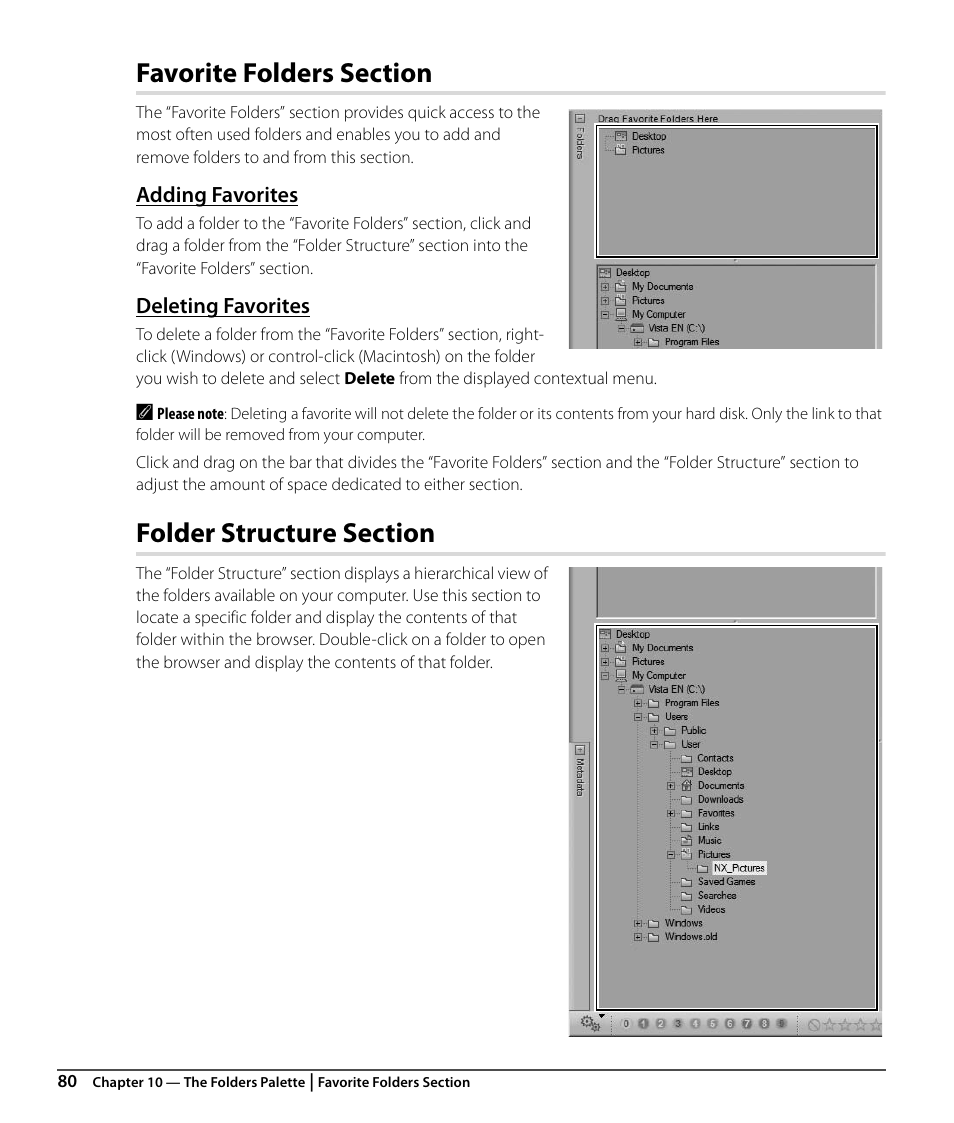 Favorite folders section, Adding favorites, Deleting favorites | Folder structure section | Nikon CAPTURE NX2 User Manual | Page 82 / 268