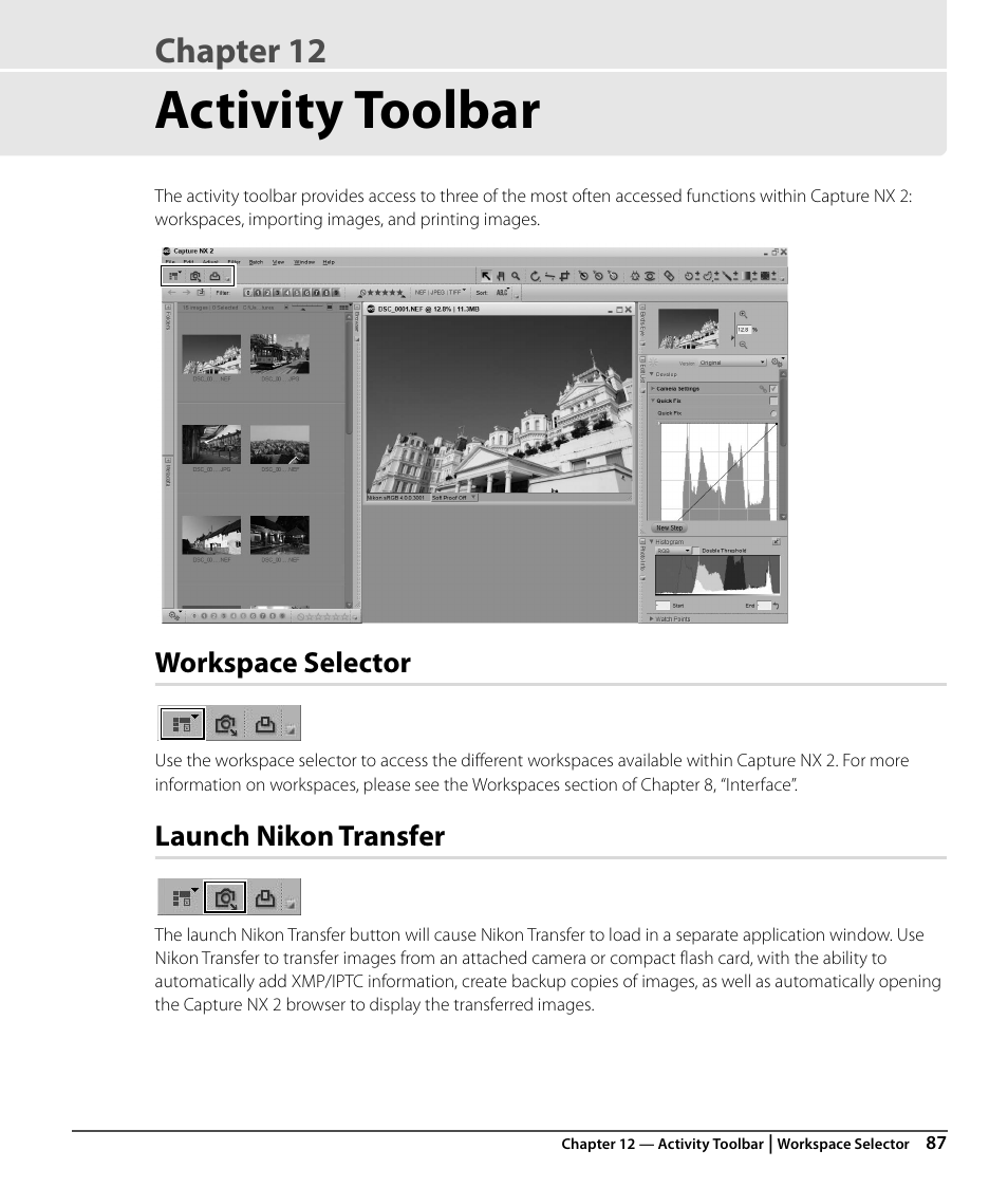 Activity toolbar, Workspace selector, Launch nikon transfer | Chapter 12 | Nikon CAPTURE NX2 User Manual | Page 89 / 268