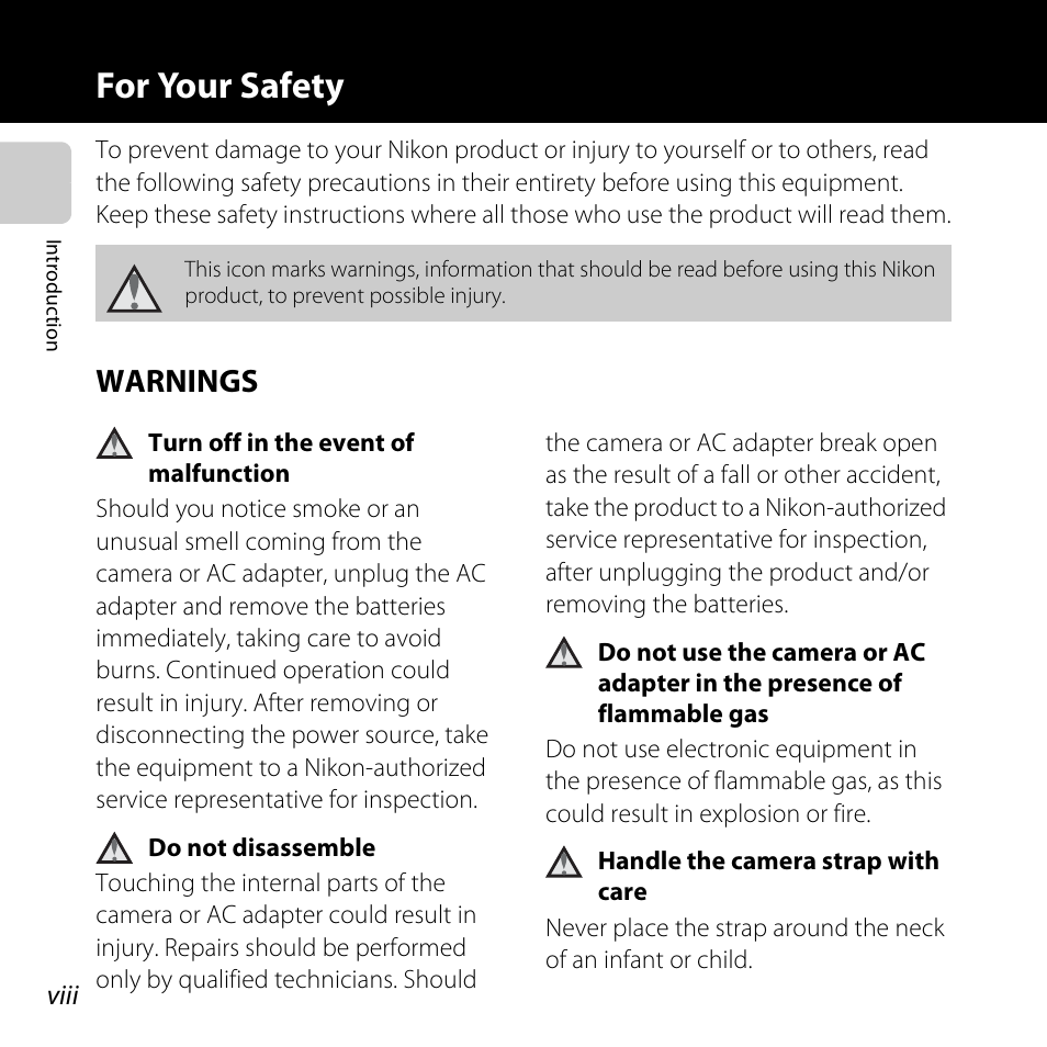 For your safety, Warnings | Nikon Coolpix L810 User Manual | Page 10 / 136