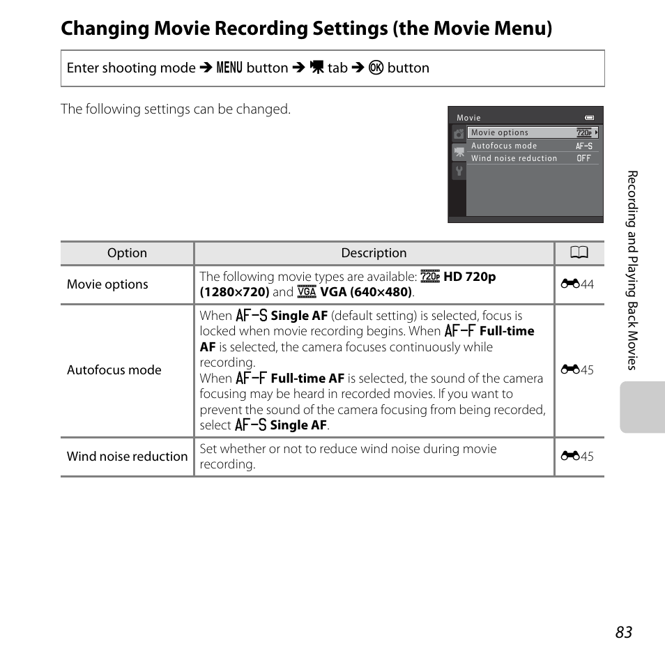 Changing movie recording settings (the movie menu), A 83), A 83 | Nikon Coolpix L810 User Manual | Page 103 / 136