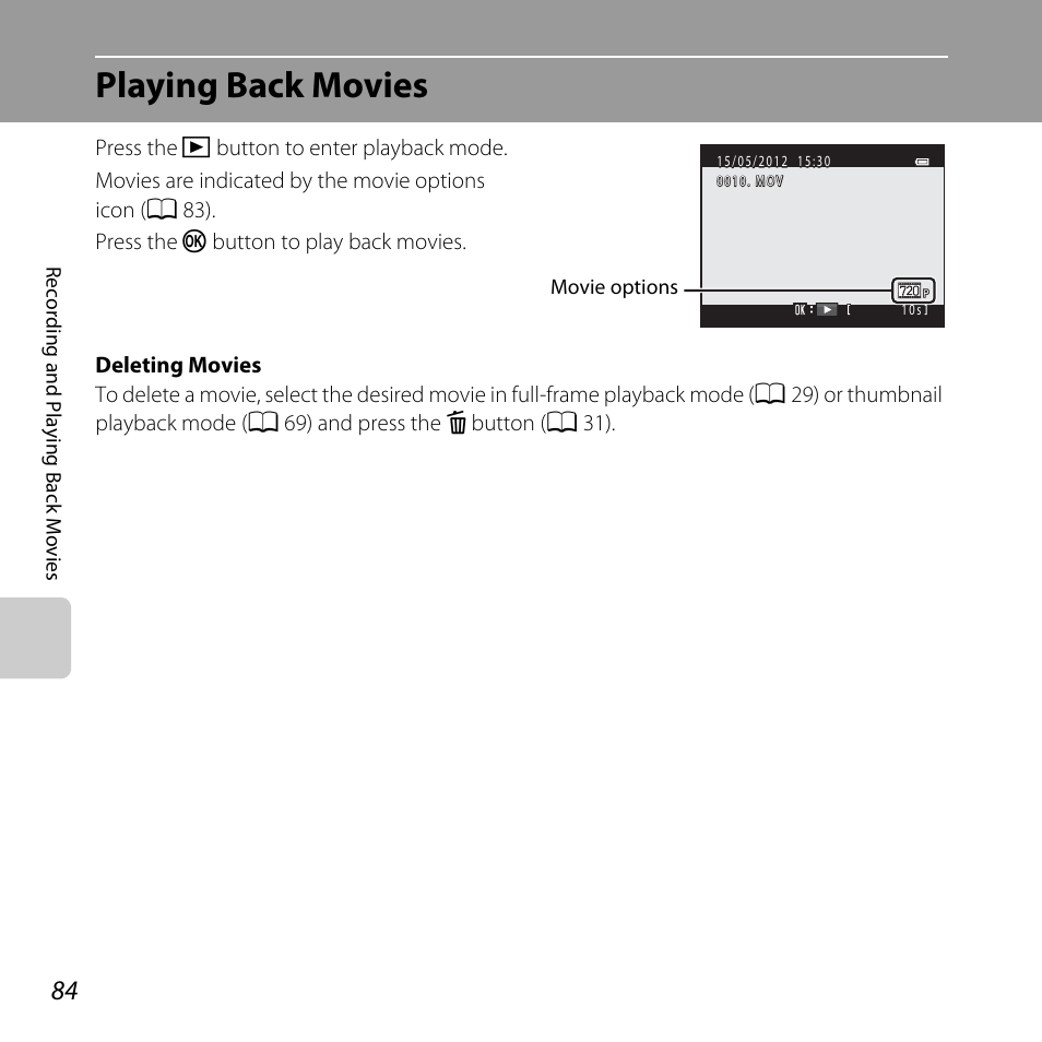 Playing back movies | Nikon Coolpix L810 User Manual | Page 104 / 136