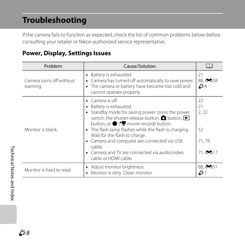 Troubleshooting, Power, display, settings issues | Nikon Coolpix L810 User Manual | Page 118 / 136