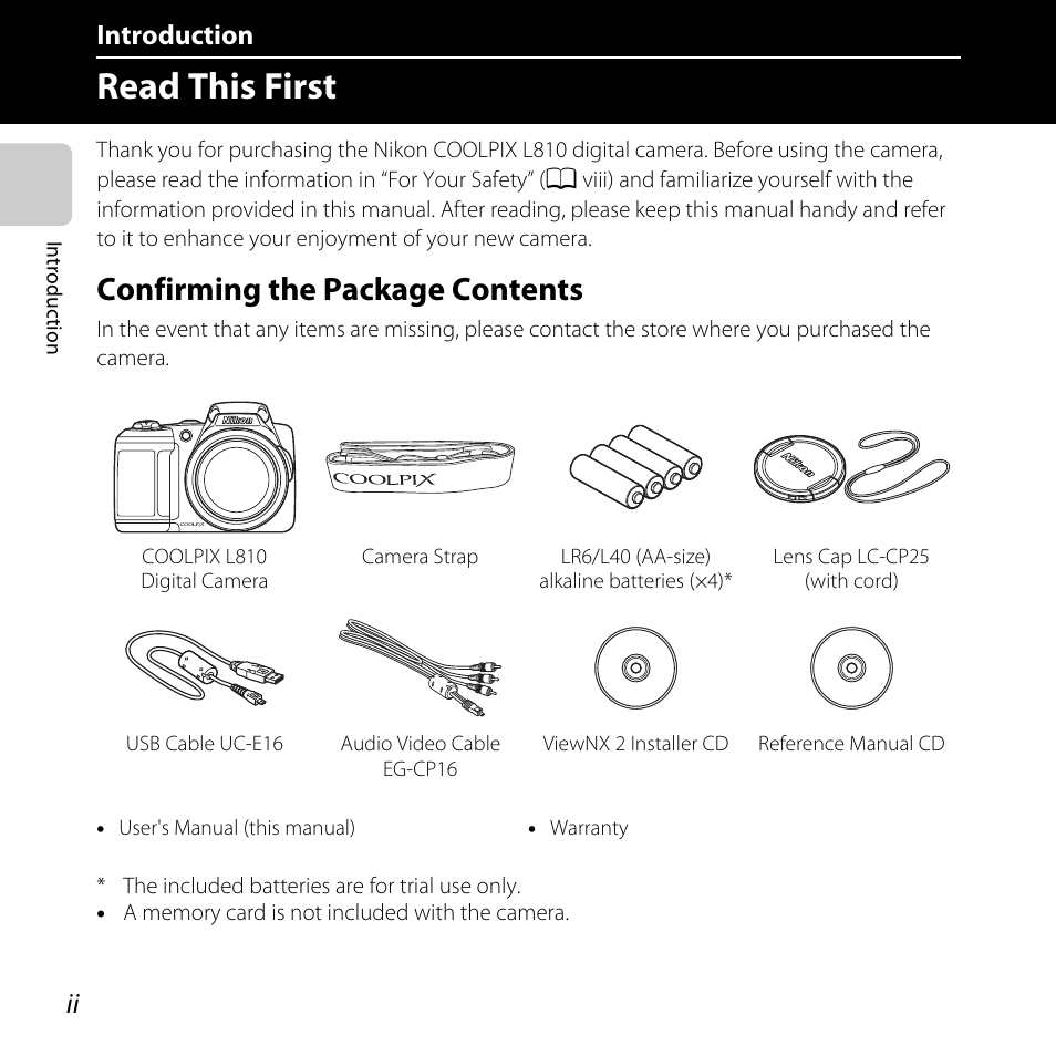 Introduction, Read this first, Confirming the package contents | Nikon Coolpix L810 User Manual | Page 4 / 136