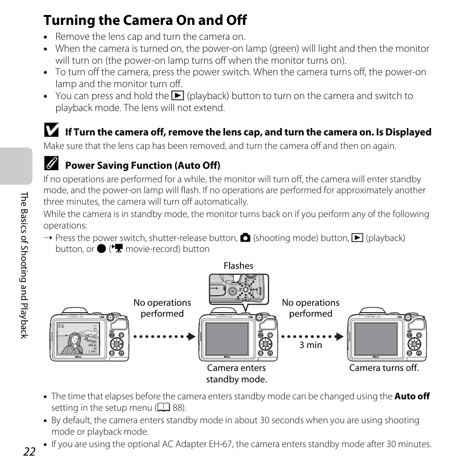 Turning the camera on and off | Nikon Coolpix L810 User Manual | Page 42 / 136