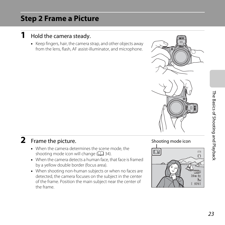 Step 2 frame a picture, Hold the camera steady, Frame the picture | Nikon Coolpix L810 User Manual | Page 43 / 136