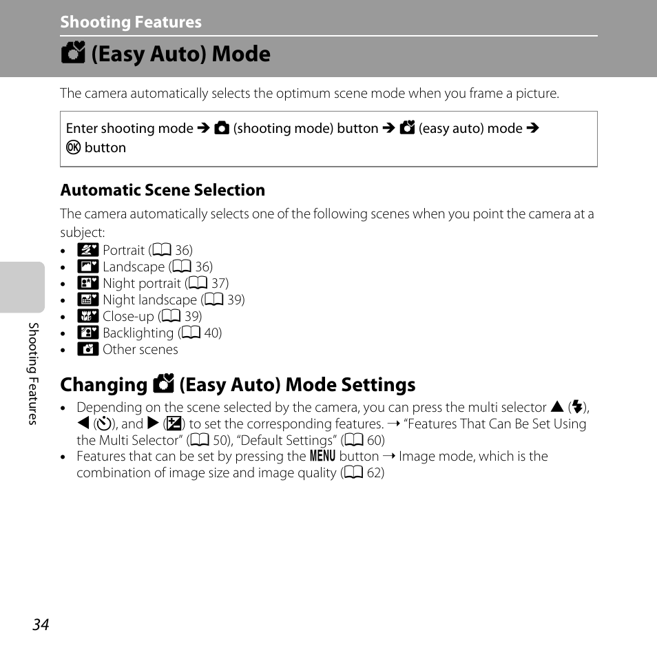 Easy auto mode, Changing easy auto mode settings, G (easy auto) mode | Changing g (easy auto) mode settings, A 34 | Nikon Coolpix L810 User Manual | Page 54 / 136