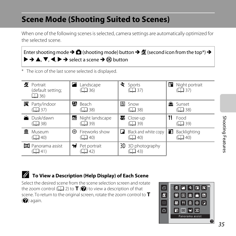 Scene mode (shooting suited to scenes) | Nikon Coolpix L810 User Manual | Page 55 / 136