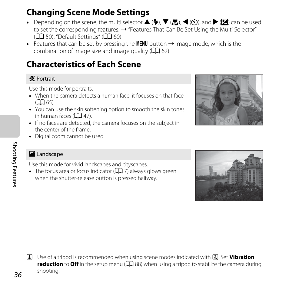 Changing scene mode settings, Characteristics of each scene, A 36) | A 36 | Nikon Coolpix L810 User Manual | Page 56 / 136