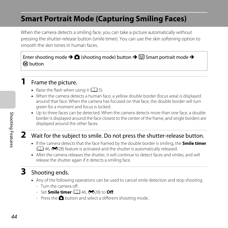 Smart portrait mode (capturing smiling faces) | Nikon Coolpix L810 User Manual | Page 64 / 136